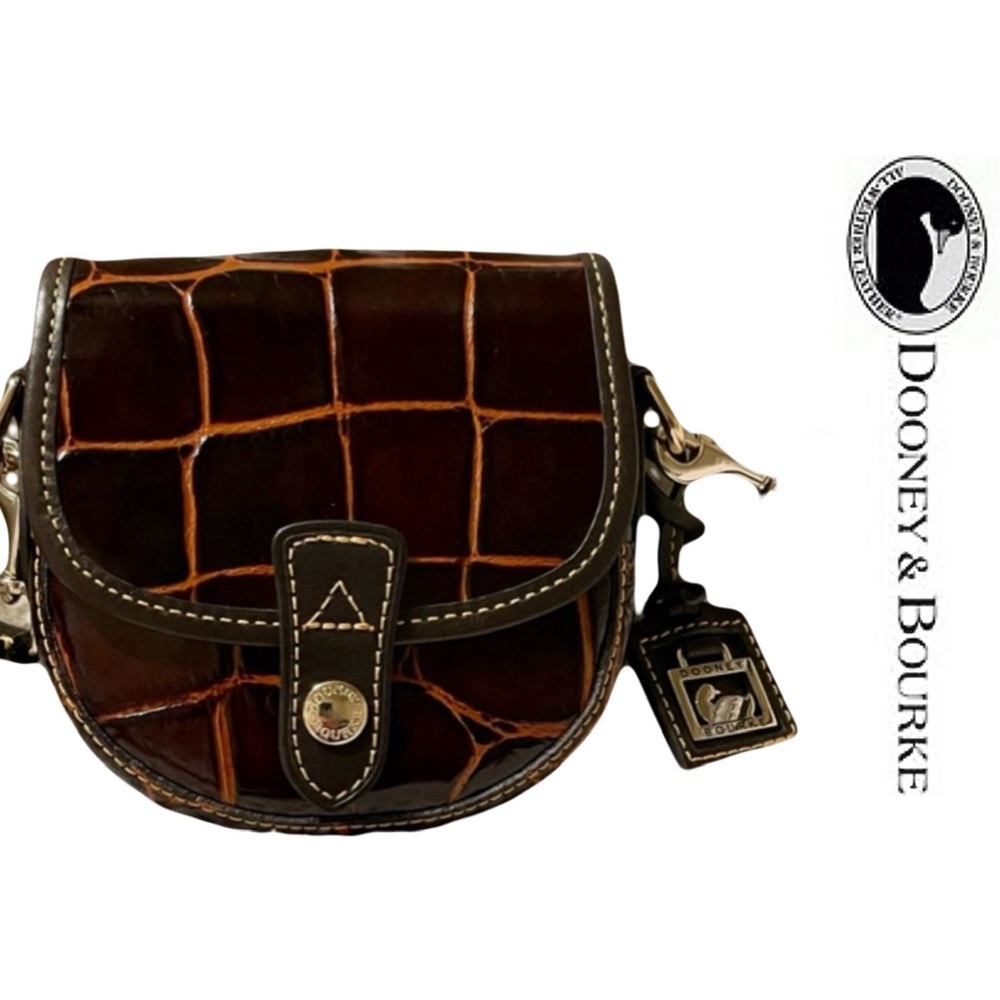 🦆Dooney & Bourke Croc- Embossed Leather Brown Cognac Mini Flap Crossbody🦆 - Picture 14 of 17